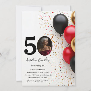 Black and Gold Red Ballons 50 Geburtstagsparty Einladung
