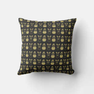 Black and Gold Rentier and Snowman Throw Kissen