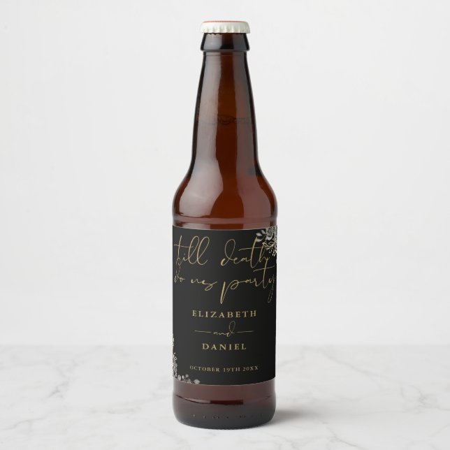 Black And Gold Roses Floral Gothic Wedding Bierflaschenetikett (Vorderseite)