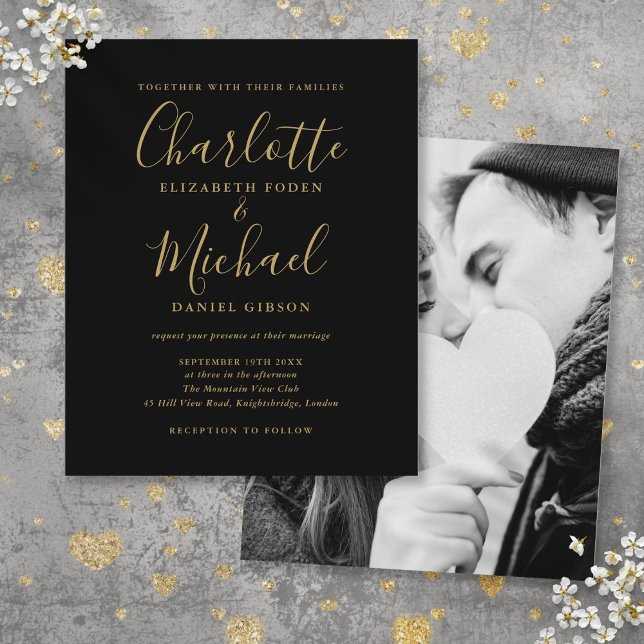 Black and Gold Script Foto Hochzeit (Budget Black And Gold Script Photo Wedding)