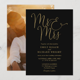Black and Gold Script Mr. und Mrs. Foto Wedding Einladung