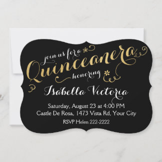 Black and Gold Script Quinceañera Einladung