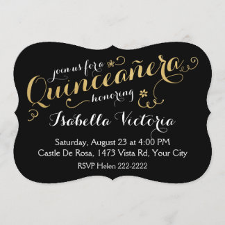 Black and Gold Script Quinceañera Einladung