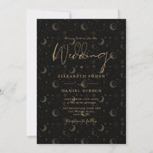 Black and Gold Script Stars Moon Celestial Wedding Einladung