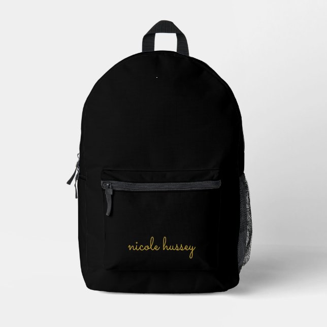 Black and Gold Script  | Stylish Monogram Modern Bedruckter Rucksack (Vorderseite)