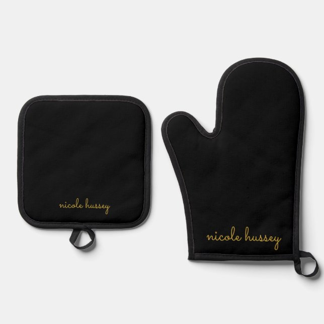 Black and Gold Script  | Stylish Monogram Modern Ofenhandschuh & Topflappen-Set (Vorderseite)
