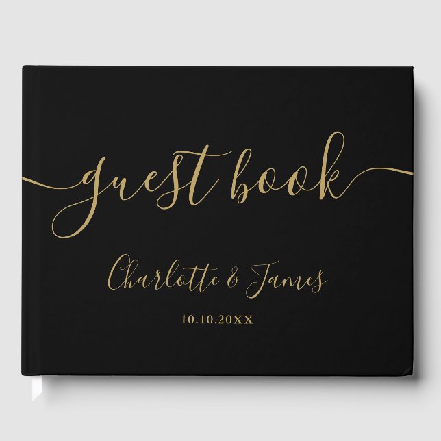 Black And Gold Signature Script Photo Wedding Gästebuch (Vorderseite)