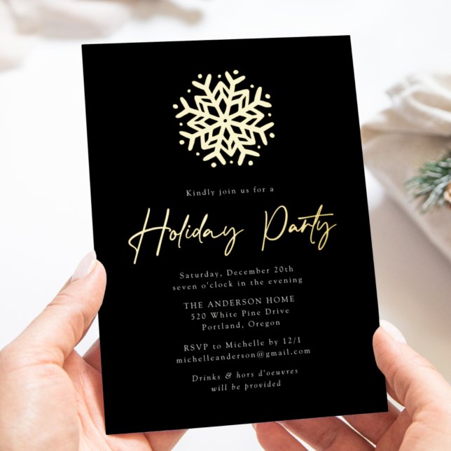 Black and Gold Simple Snowflake Holiday Party Folieneinladung (Von Creator hochgeladen)