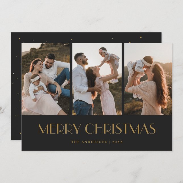Black and Gold Snow 3 Foto Frohe Weihnachten (Vorne/Hinten)