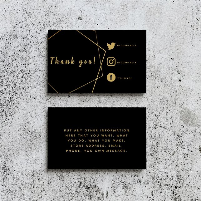 Black and Gold soziale Links Bestellungen einfügen Begleitkarte (Black thank you insert card for customer orders with gold geometric border and social media details.)