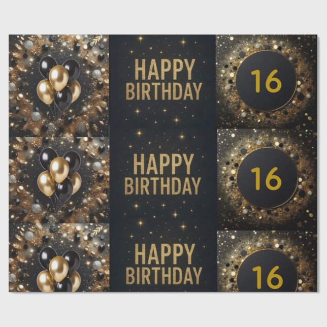 Black and Gold Sparkle Ballon Happy Birthday Geschenkpapier (Flach)
