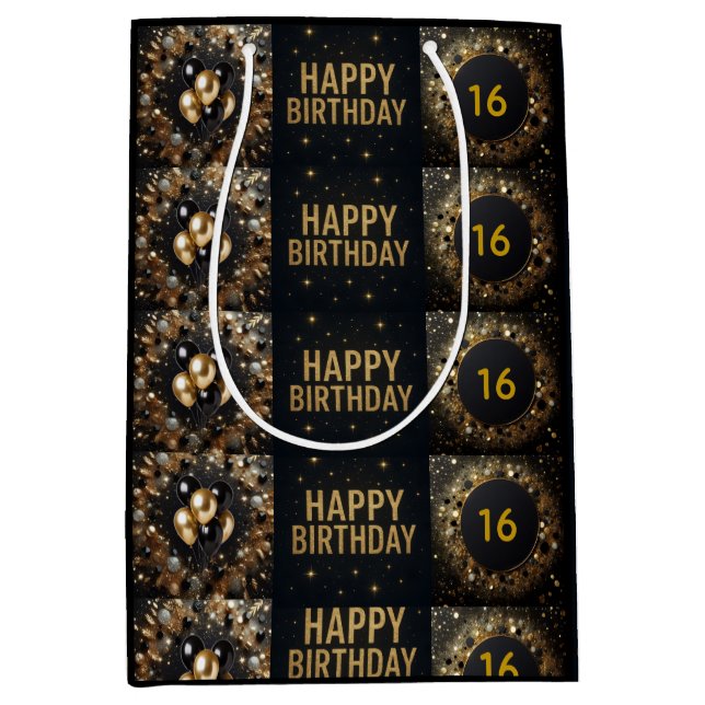 Black and Gold Sparkle Ballon Happy Birthday Mittlere Geschenktüte (Vorderseite)