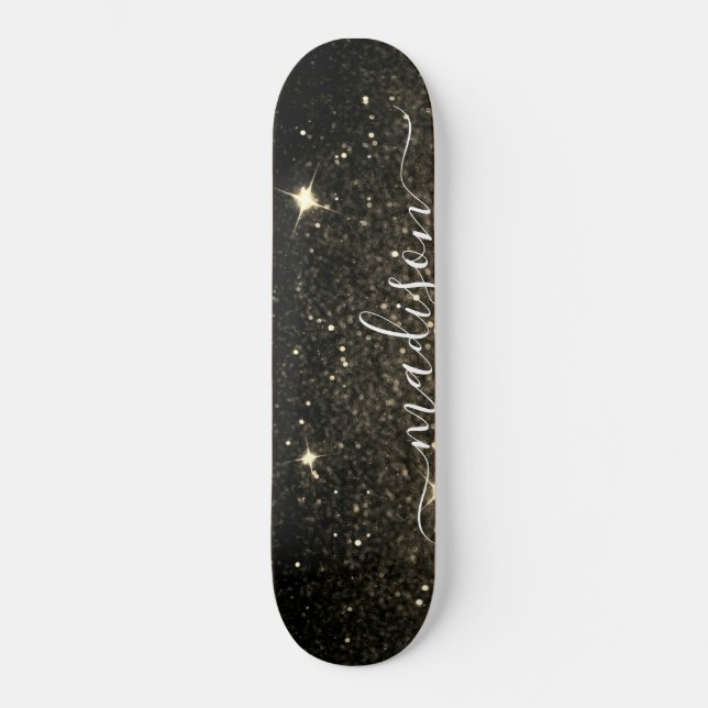 Black and Gold Sparkle Glitzer Personalisiert Skateboard (Vorderseite)