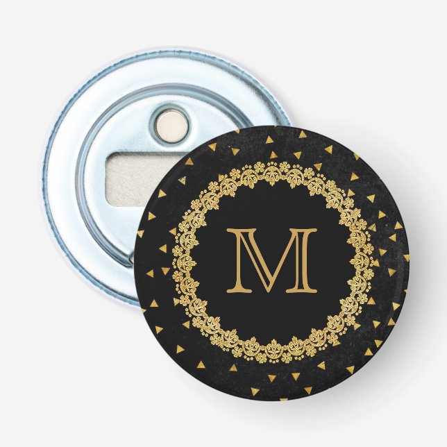 Black and Gold Sparkles Monogram Flaschenöffner (Vorderseite)