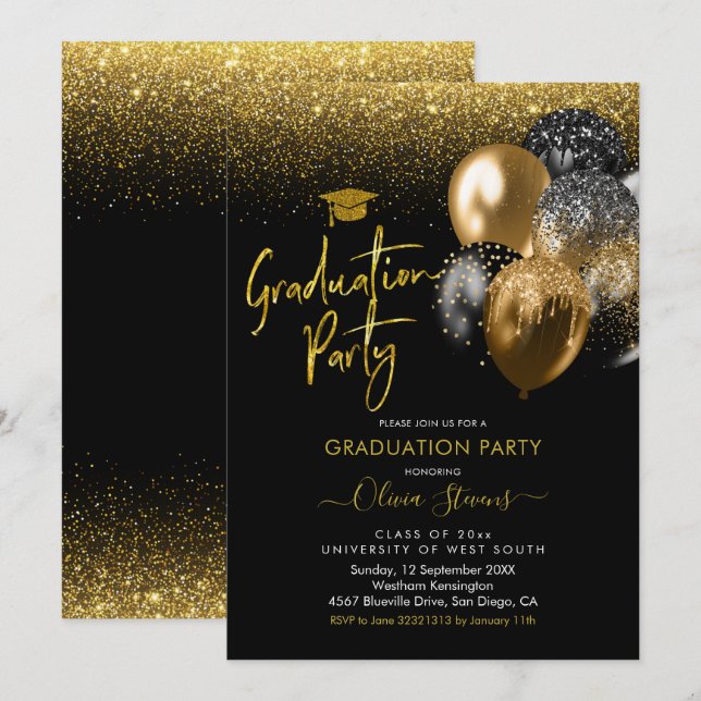 Black and Gold Sparkling Graduing Party Einladung (Vorne/Hinten)