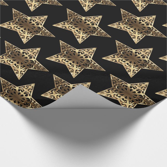 Black and Gold Stars Muster Schwarzer Weihnachtssc Geschenkpapier (Ecke)