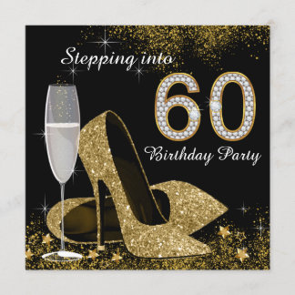Black and Gold Stepping in 60 Geburtstagsparty Einladung