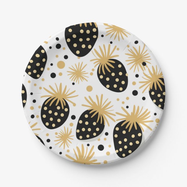 Black and Gold Strawberry Pattern Pappteller (Vorderseite)