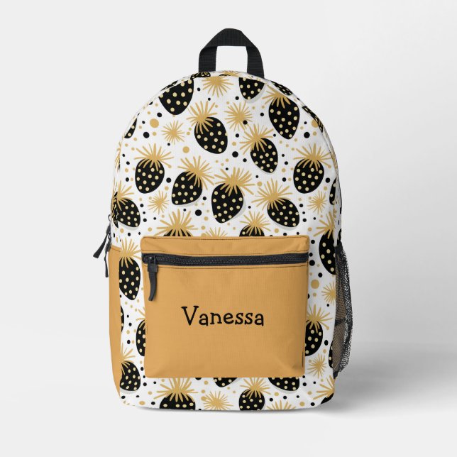 Black and Gold Strawberry Pattern With Name Bedruckter Rucksack (Vorderseite)