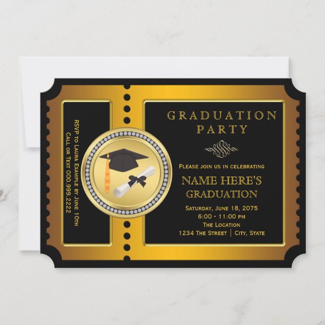 Black and Gold Ticket Graduation Party Einladung (Vorderseite)
