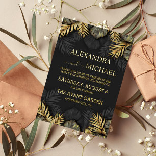 Black and Gold Tropical Hochzeit in Urlaubsort Inv Folieneinladung