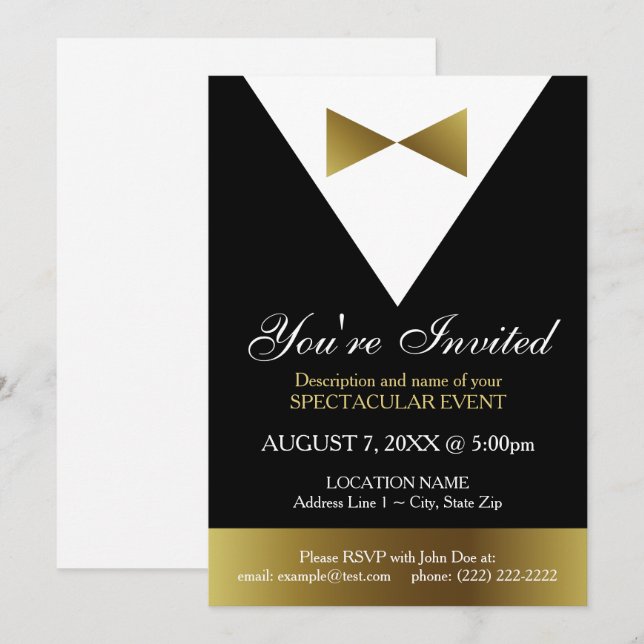 Black and Gold Tuxedo Einladungen| Formelles Party Einladung (Vorne/Hinten)