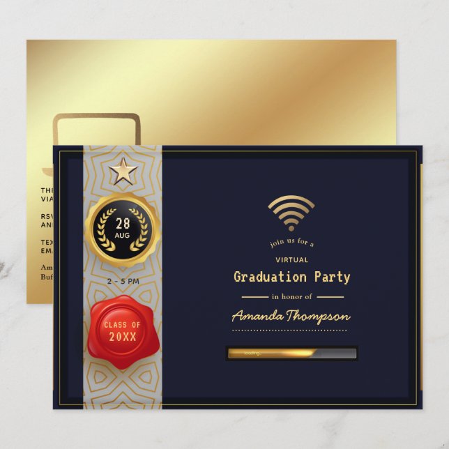 Black and Gold Virtual Graduation Party Einladung (Vorne/Hinten)