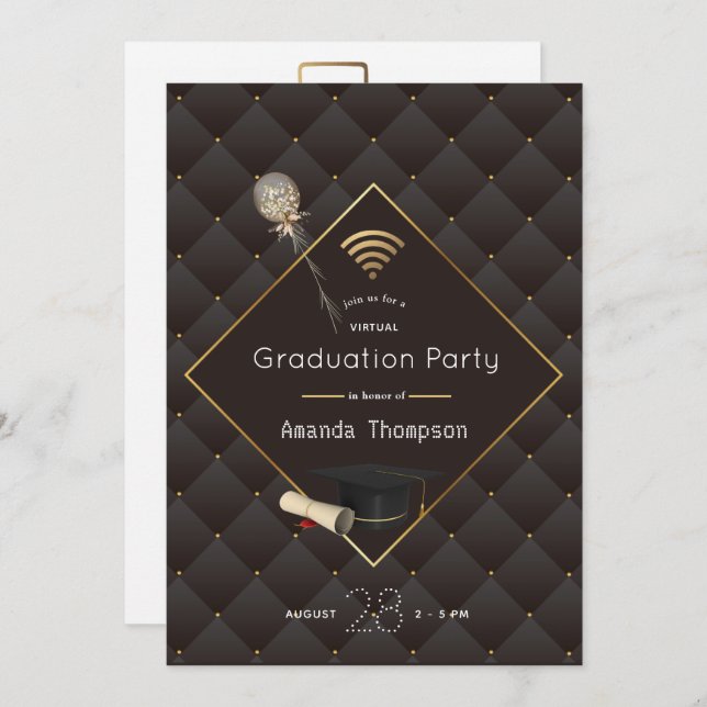 Black and Gold Virtual Graduation Party Foto Einladung (Vorne/Hinten)