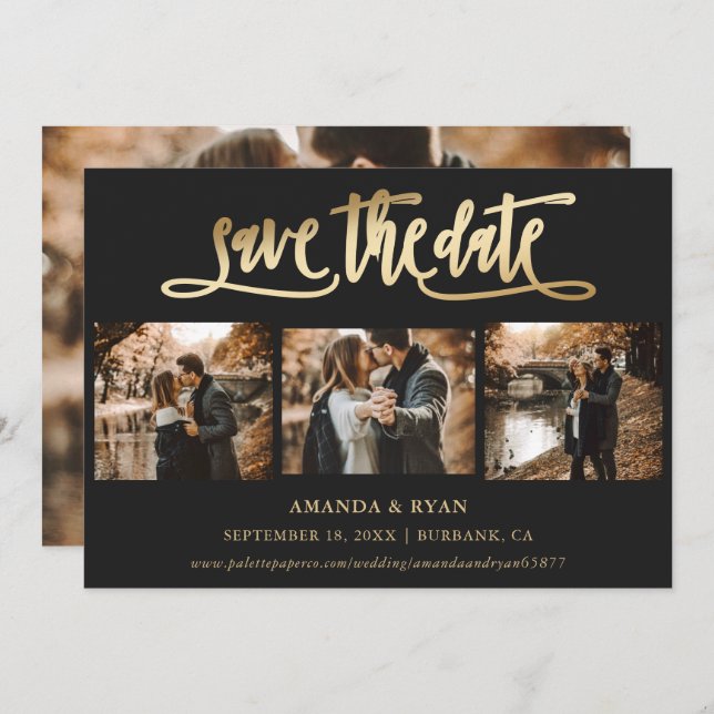 Black and Gold Wedding 4 Foto Save the Date (Vorne/Hinten)