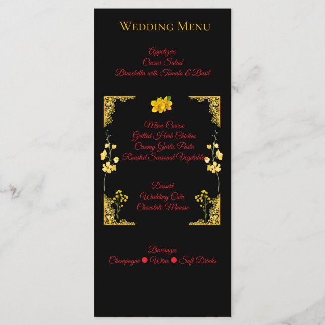 Black and Gold Wedding Menu Card Menükarte (Vorderseite)