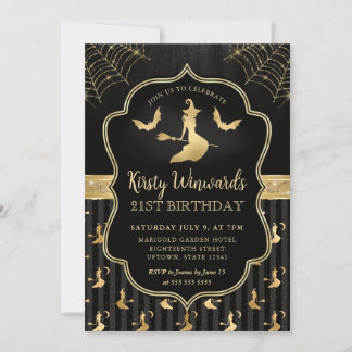 Black and Gold Witch and Bats Damask 21. Geburtsta Einladung