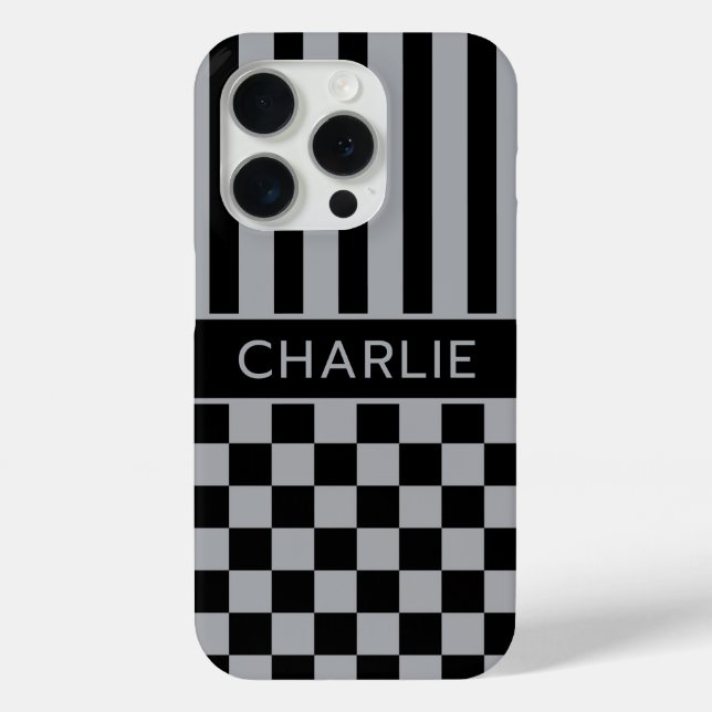 Black and Gray Checkered Striped Personalized Case-Mate iPhone Hülle (Rückseite)