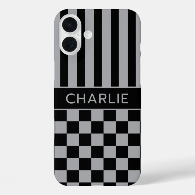 Black and Gray Checkered Striped Personalized Case-Mate iPhone Hülle (Rückseite)