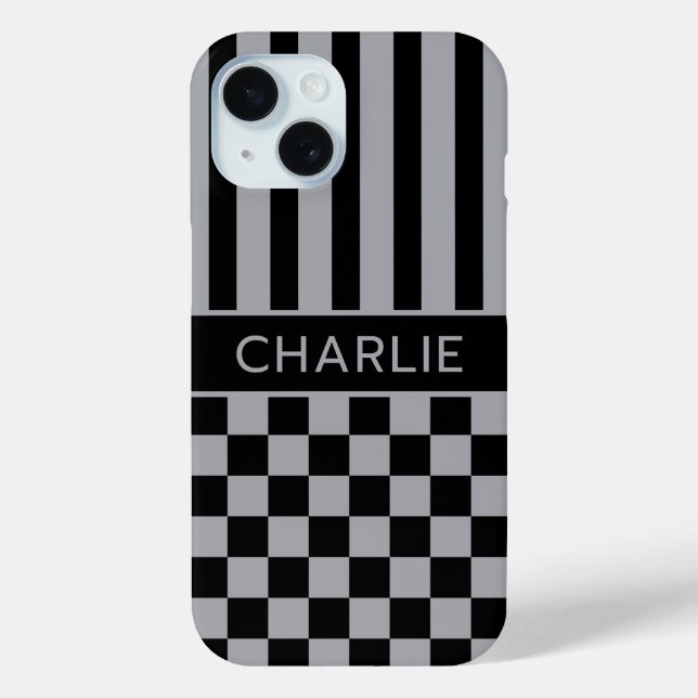 Black and Gray Checkered Striped Personalized Case-Mate iPhone Hülle (Rückseite)