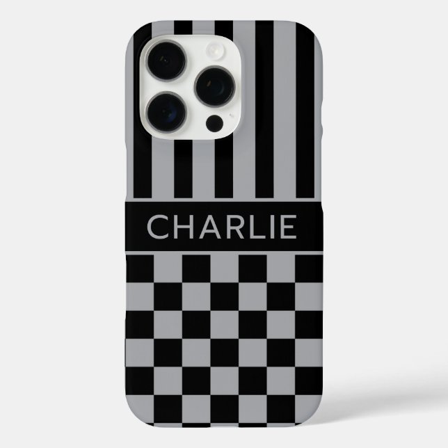 Black and Gray Checkered Striped Personalized Case-Mate iPhone Hülle (Rückseite)