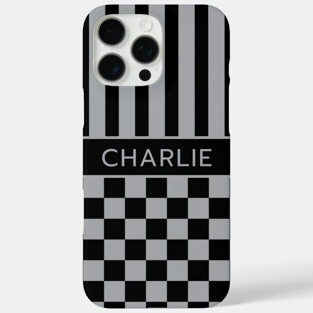 Black and Gray Checkered Striped Personalized Case-Mate iPhone Hülle (Rückseite)