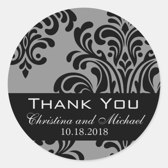 Black and Gray Damask Wedding Danke Runder Aufkleber (Vorderseite)