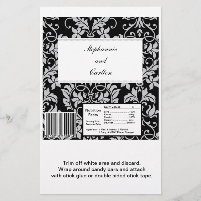 Black and Gray Damask Wedding Large Candy Bar Wrap Flyer (Vorne)
