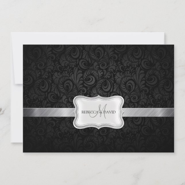Black and Gray Floral Damask Wedding lädt ein Einladung (Vorderseite)