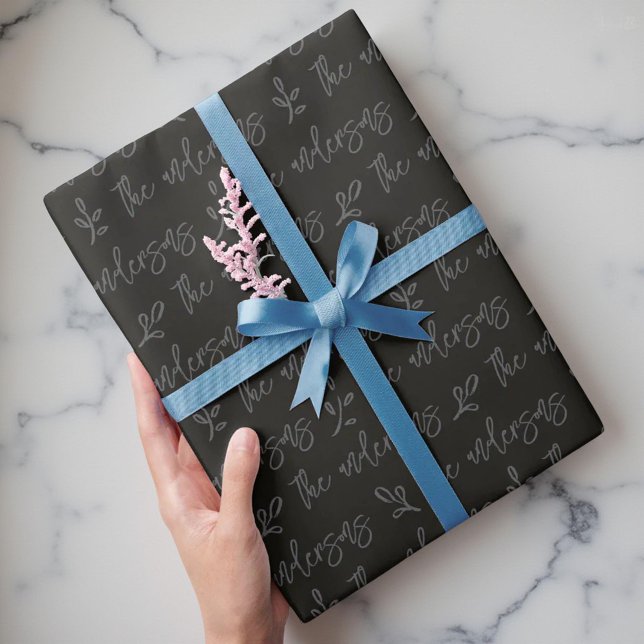 Black and Gray Foliage Your Family Name Christmas Geschenkpapier (Von Creator hochgeladen)