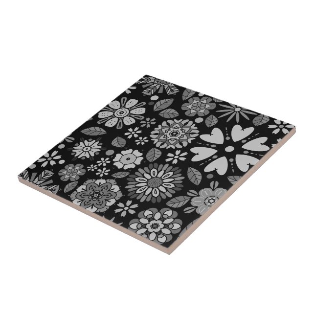 Black And Gray Retro Floral Art Seamless Pattern Fliese (Seite)