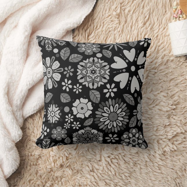 Black And Gray Retro Floral Art Seamless Pattern Kissen (Decke)