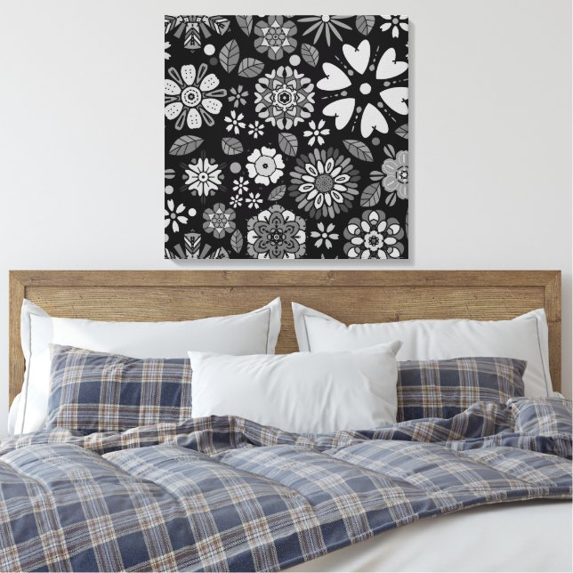 Black And Gray Retro Floral Art Seamless Pattern Leinwanddruck (Insitu (Schlafzimmer))