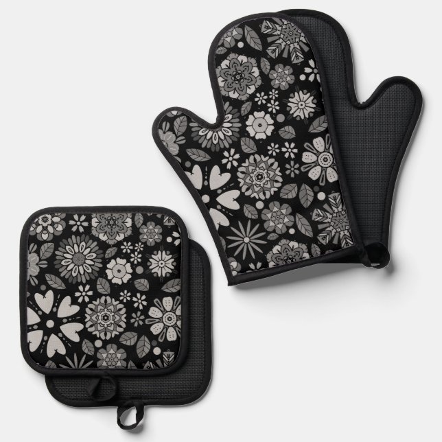Black And Gray Retro Floral Art Seamless Pattern Ofenhandschuh & Topflappen-Set (Vorderseite/Rückseite)