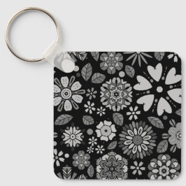 Black And Gray Retro Floral Art Seamless Pattern Schlüsselanhänger