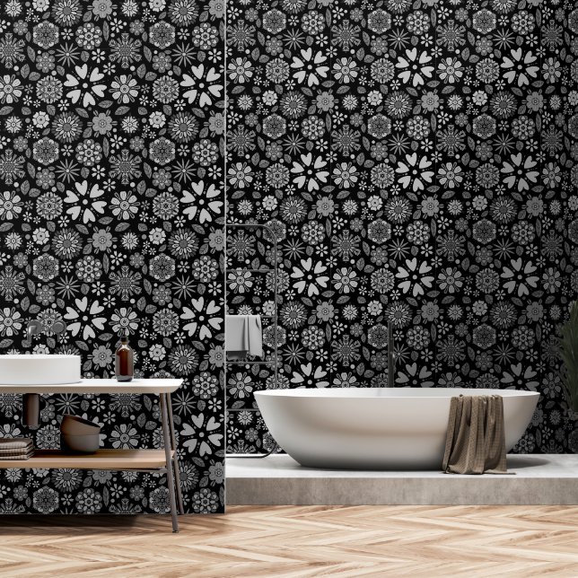 Black And Gray Retro Floral Art Seamless Pattern Tapete (Badezimmer)