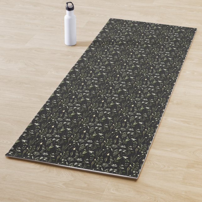 Black And Green Floral Botanical Pattern Yogamatte (Beispiel)
