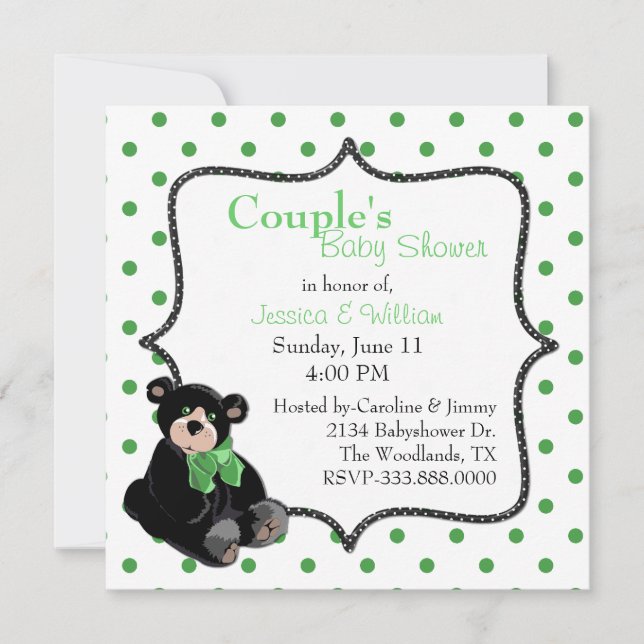 Black and Green Teddy Bear Couple's Baby Dusche Einladung (Vorderseite)