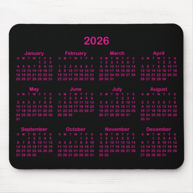 Black and Hot Pink 2026 Calendar Mousepad (Vorne)