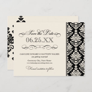 Black and Ivory Elegant Damask Save the Date Ankündigungspostkarte